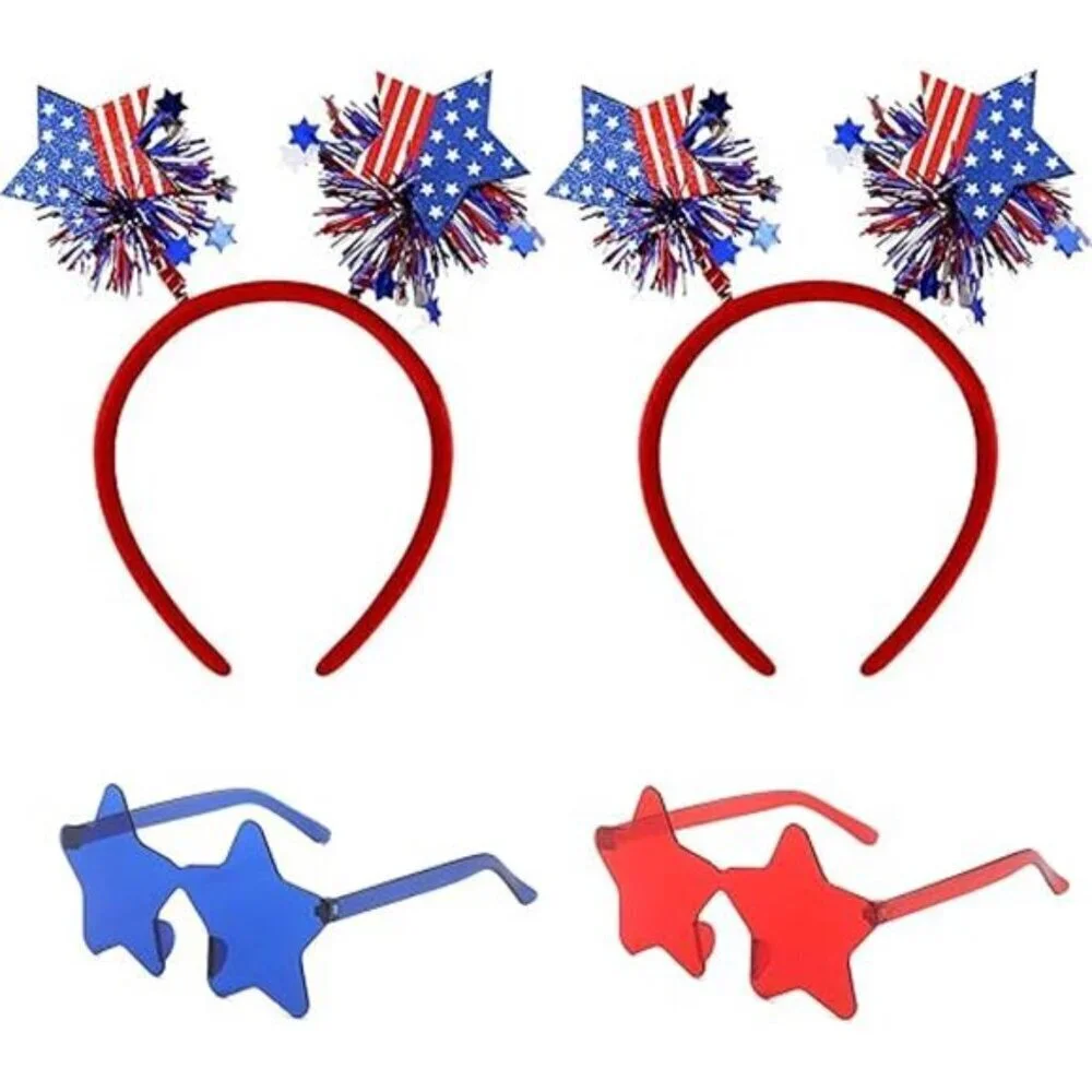 4 PCS Patriotic Accessories-2 Independence Day Headbands 2 Star Shaped glasses